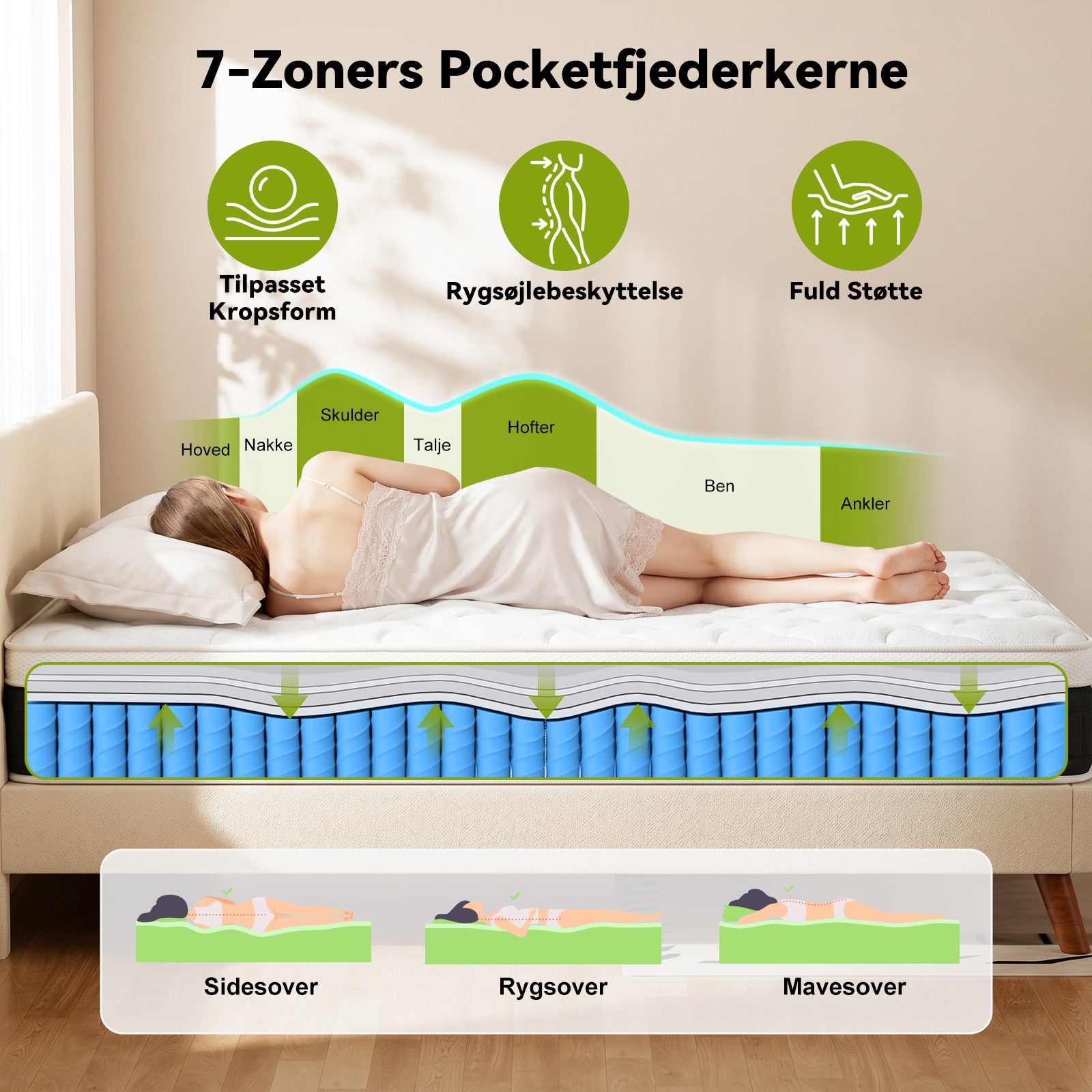 Pocket-Fjedermadras med Memory Foam, 25 cm Hybridmadrasser, Medium Fasthed, Kantstøtte