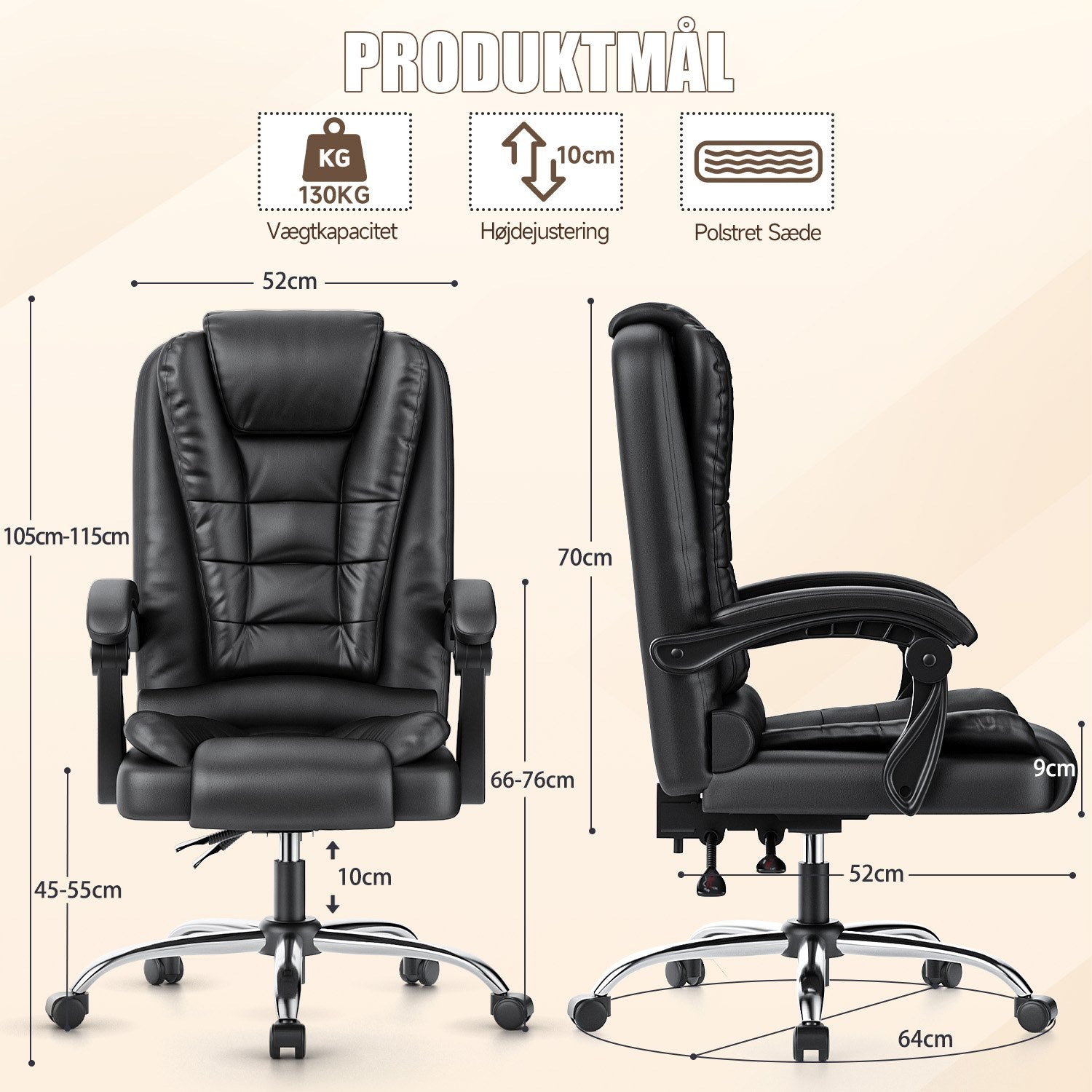 Ergonomisk kontorstol i PU-læder med høj ryg og tilbagelænet vippefunktion til hjemmekontoret