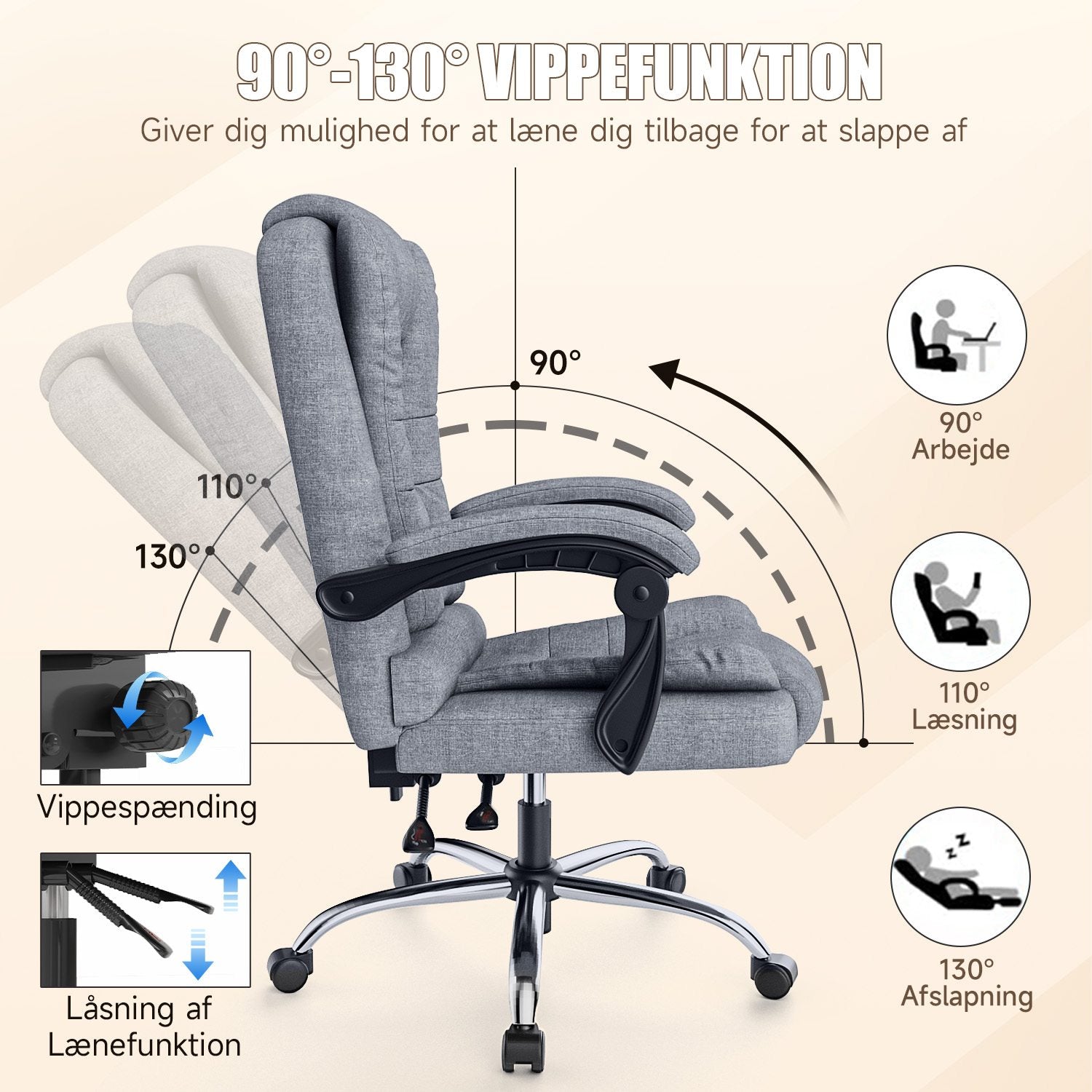 Ergonomisk kontorstol i PU-læder med høj ryg og tilbagelænet vippefunktion til hjemmekontoret