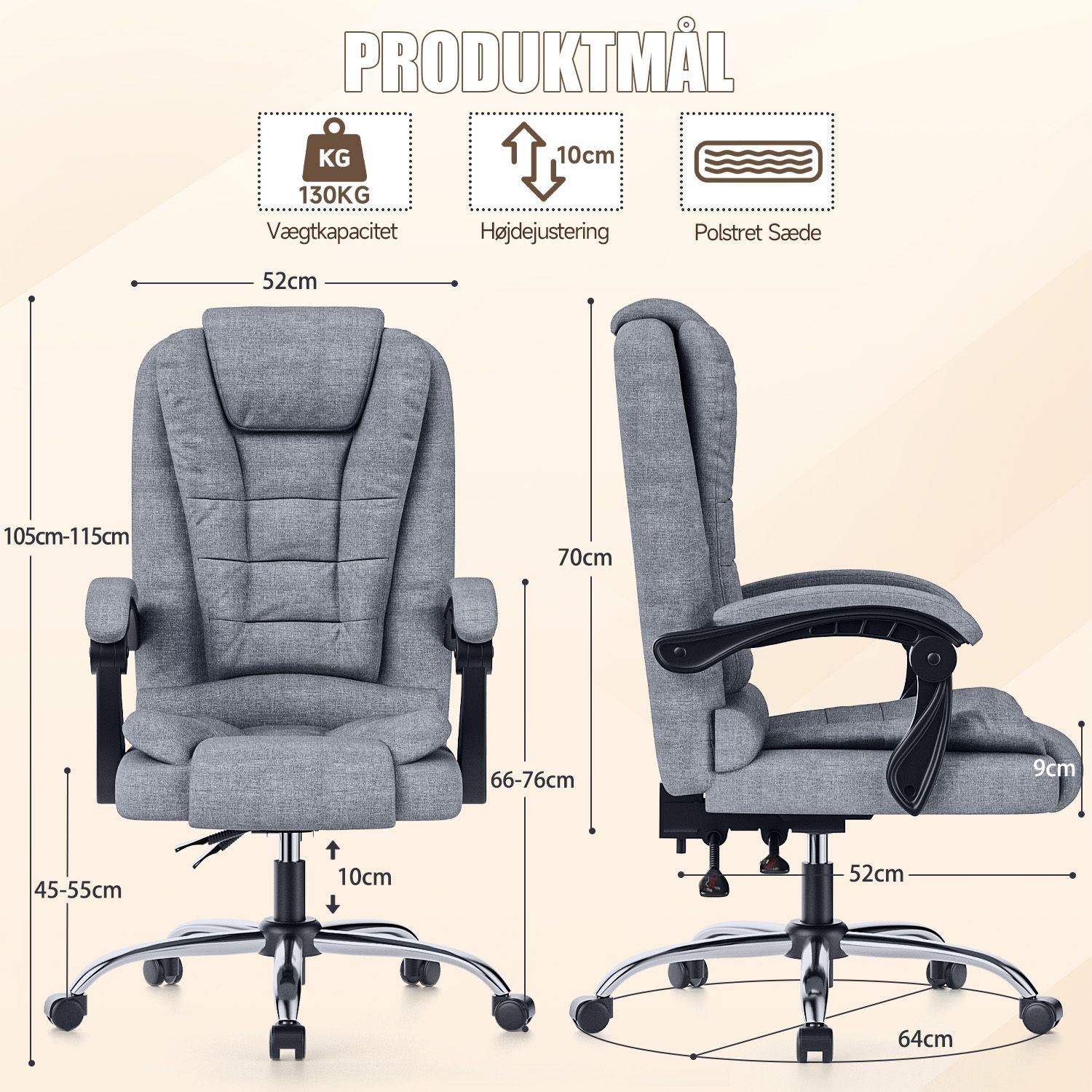 Ergonomisk kontorstol i PU-læder med høj ryg og tilbagelænet vippefunktion til hjemmekontoret
