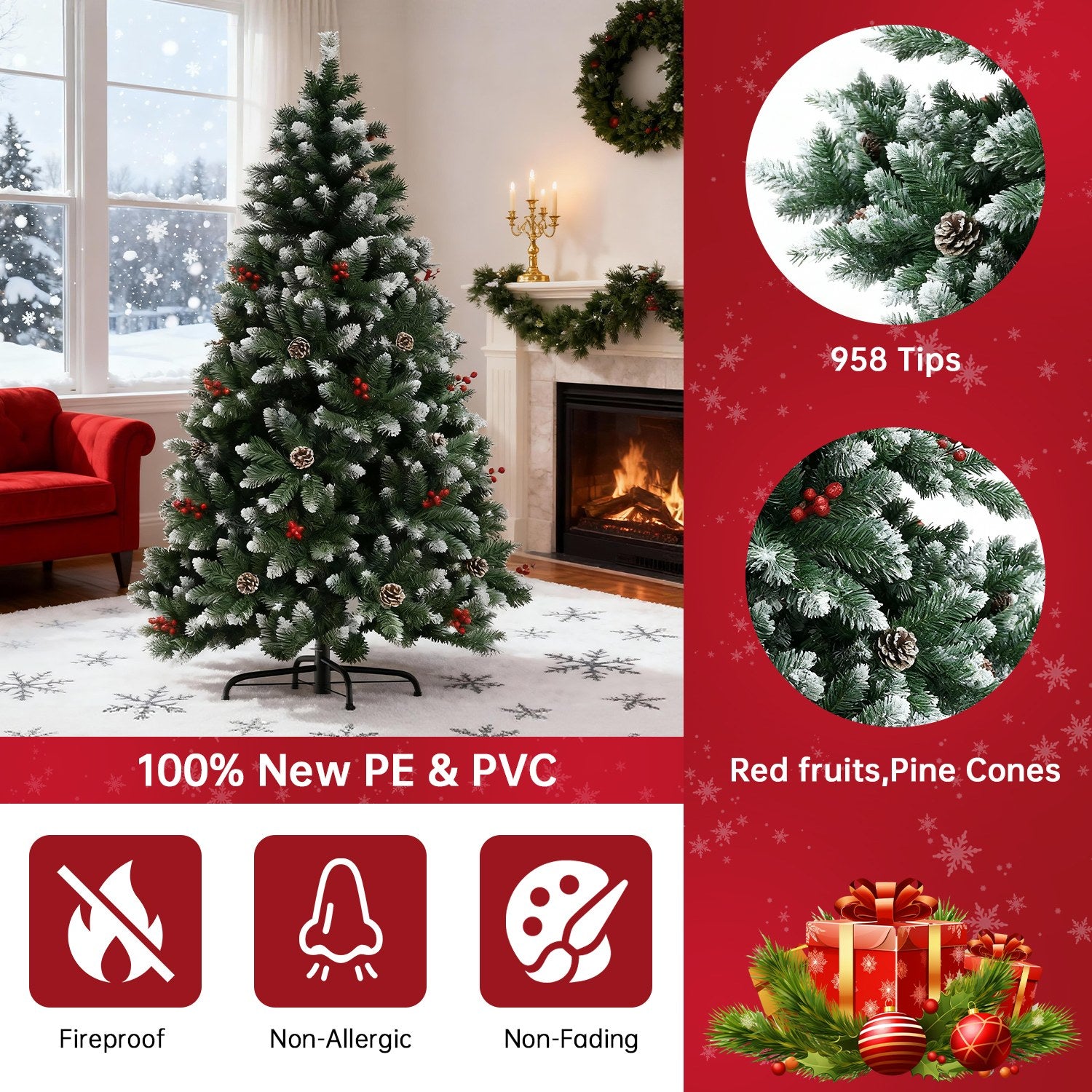 Kunstigt Juletræ, Foldbare, Flokkede Juletræer med Metalfod