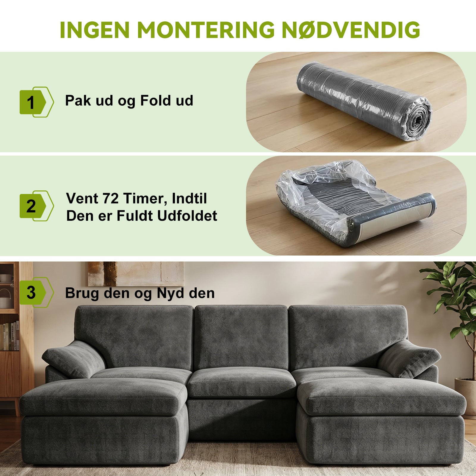 5-Sæders U-formet Sektionssofa Komfortabel Modulær Sofa, Fri Kombination