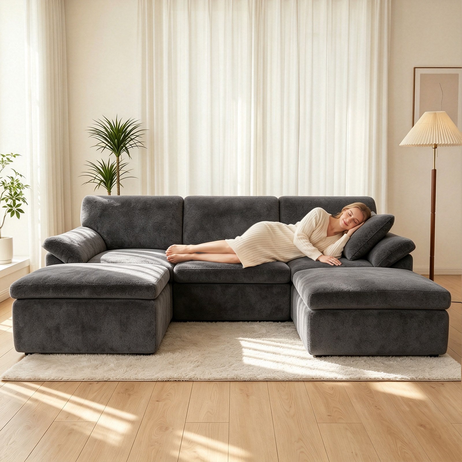 5-Sæders U-formet Sektionssofa Komfortabel Modulær Sofa, Fri Kombination