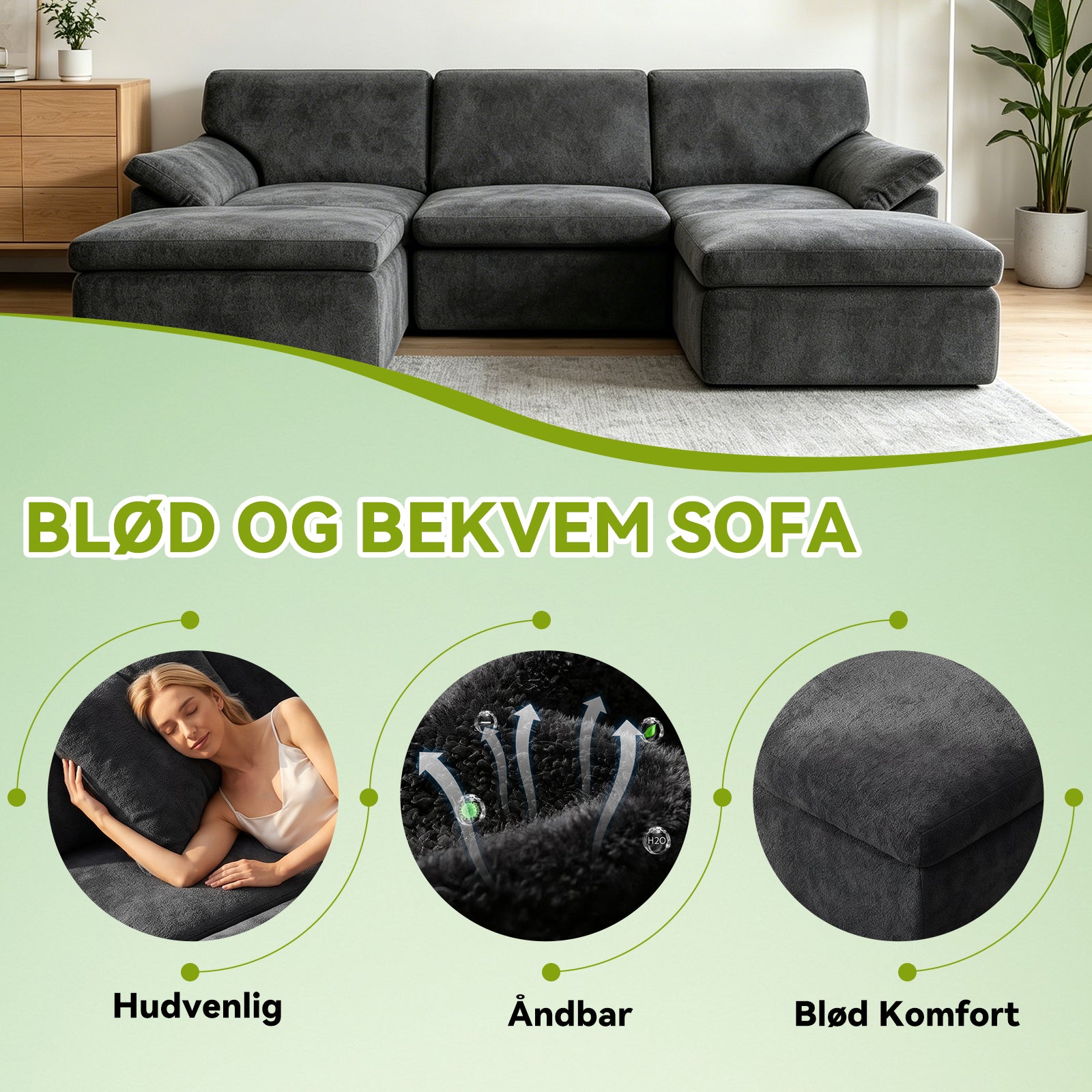 5-Sæders U-formet Sektionssofa Komfortabel Modulær Sofa, Fri Kombination