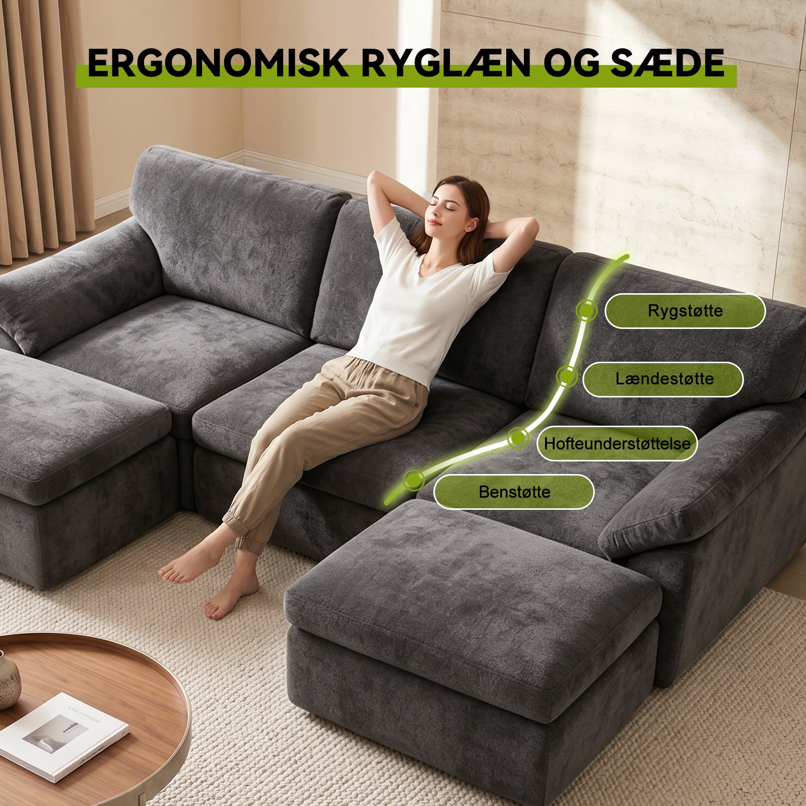 5-Sæders U-formet Sektionssofa Komfortabel Modulær Sofa, Fri Kombination