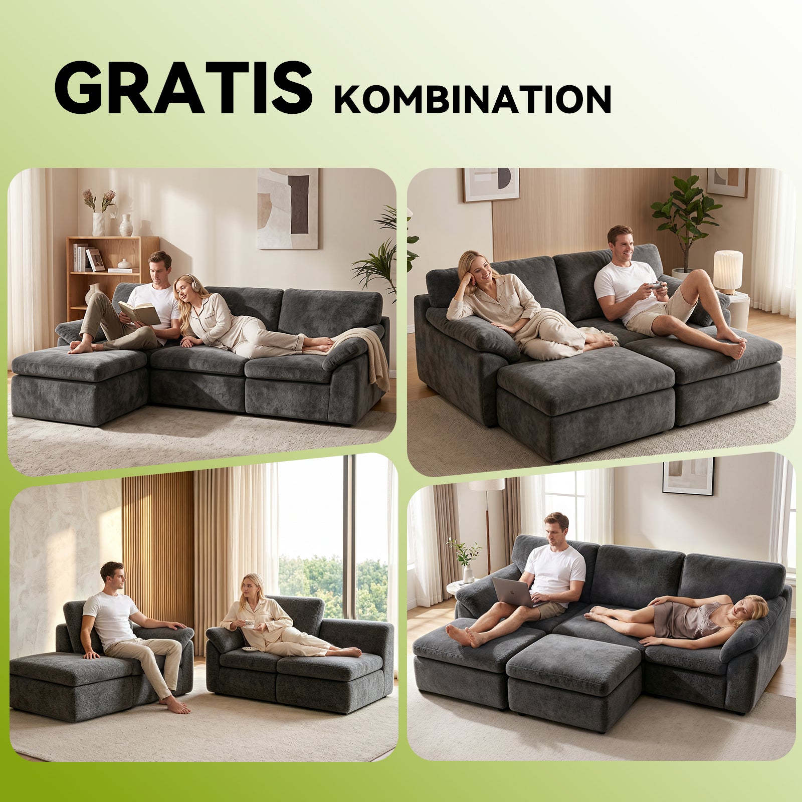 5-Sæders U-formet Sektionssofa Komfortabel Modulær Sofa, Fri Kombination