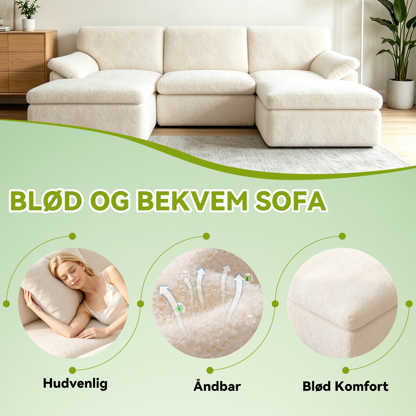 5-Sæders U-formet Sektionssofa Komfortabel Modulær Sofa, Fri Kombination