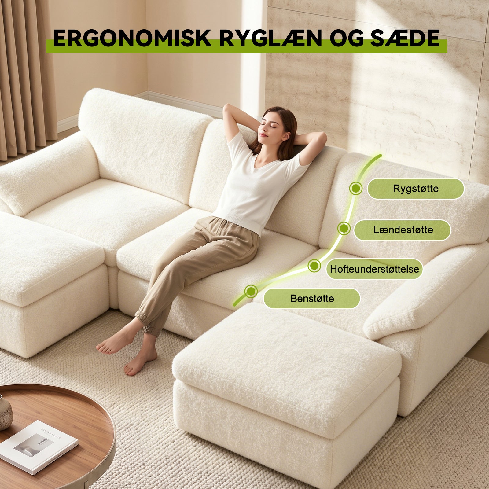 5-Sæders U-formet Sektionssofa Komfortabel Modulær Sofa, Fri Kombination