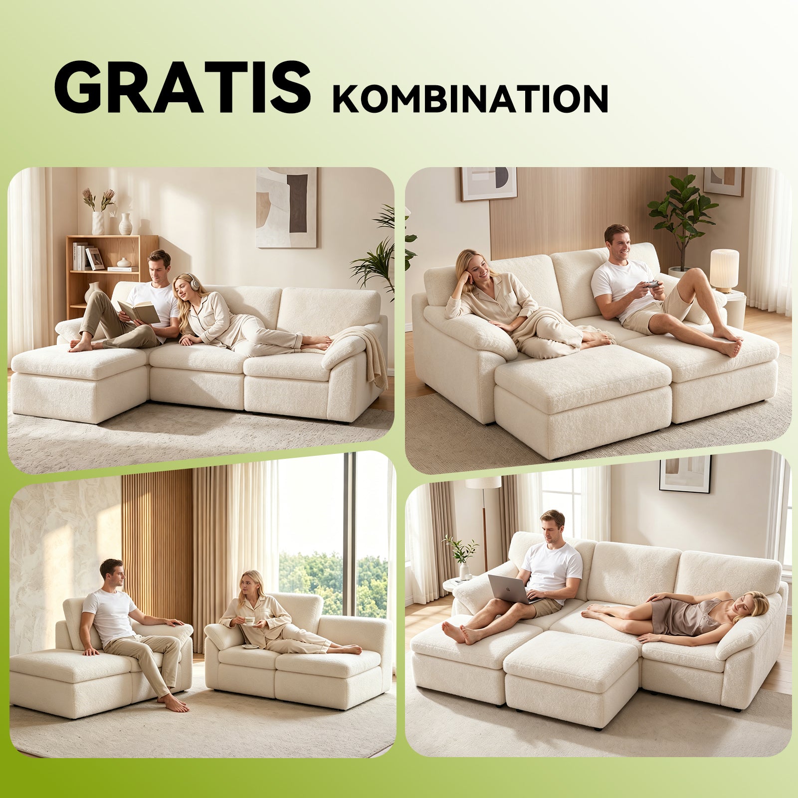 5-Sæders U-formet Sektionssofa Komfortabel Modulær Sofa, Fri Kombination