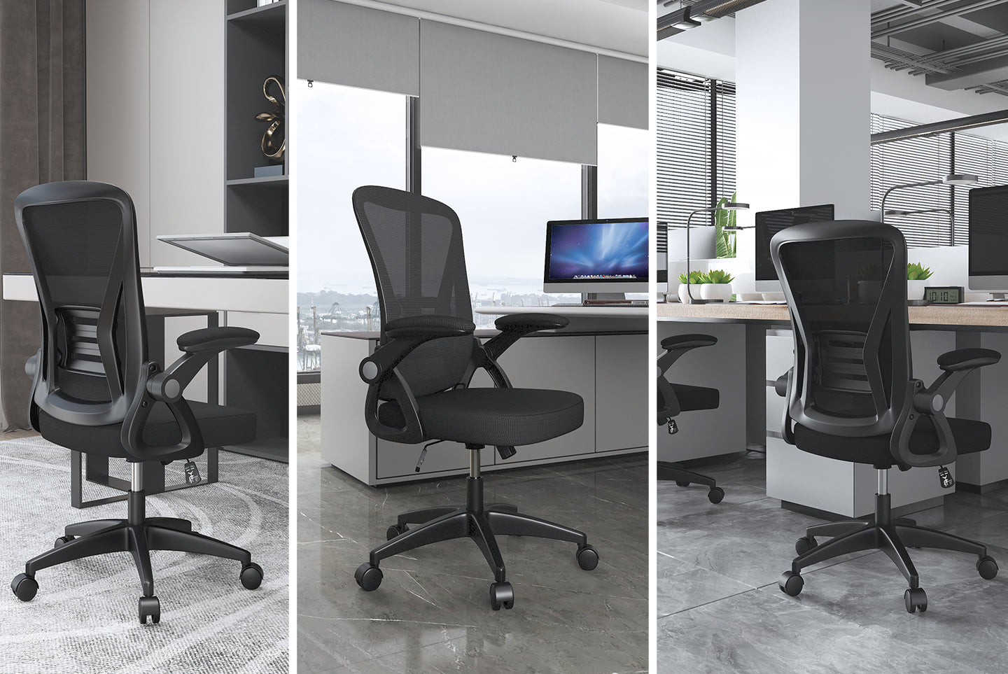 Kontorstol Ergonomisk Skrivebordsstol med 90° Opklappeligt Armlæn, Højdejusterbar Kontorstol